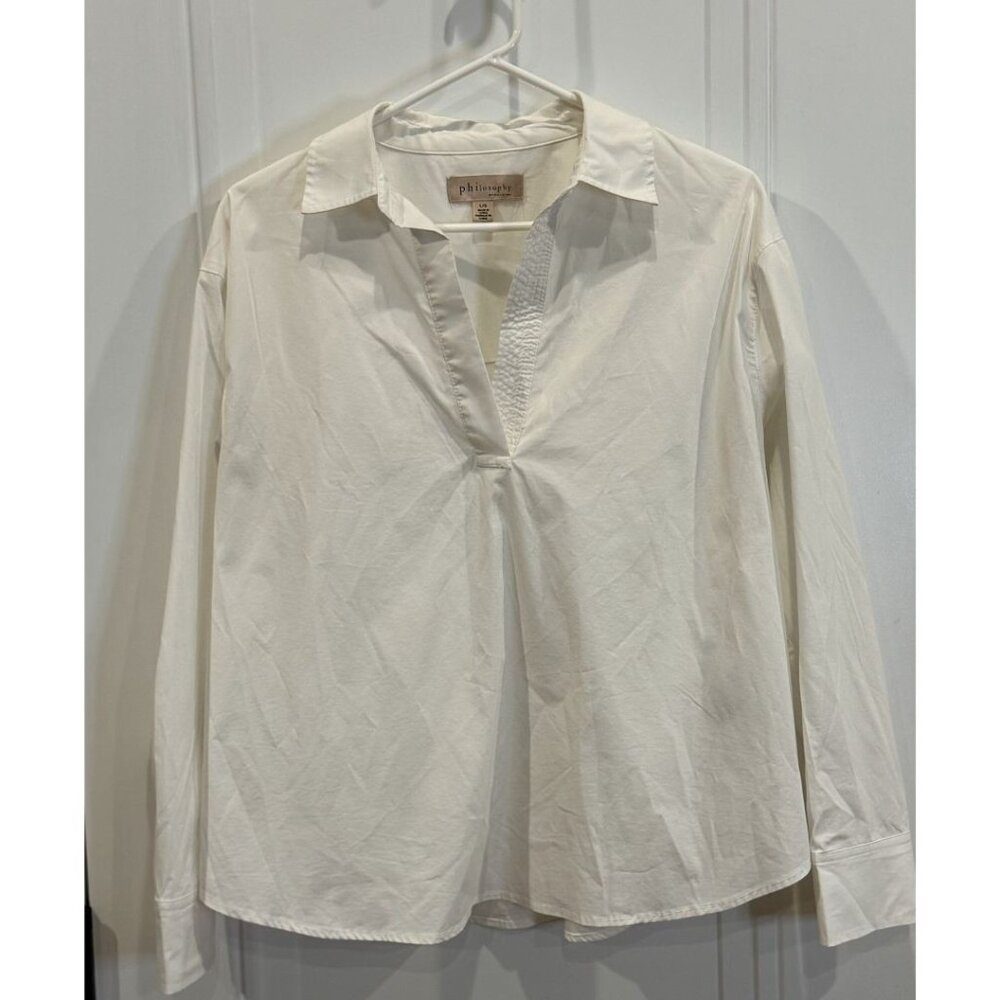 Philosophy White Split-Neck Blouse Large Long Sle… - image 1